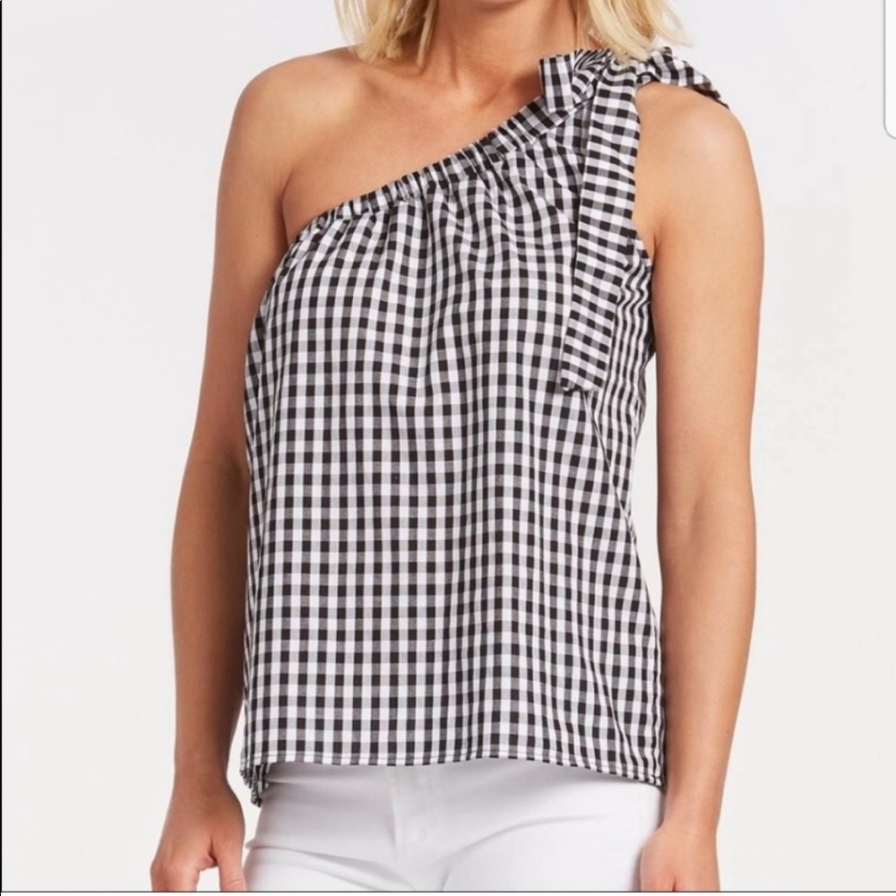 Elan Evereve One Shoulder Black Gingham Blouse Medium